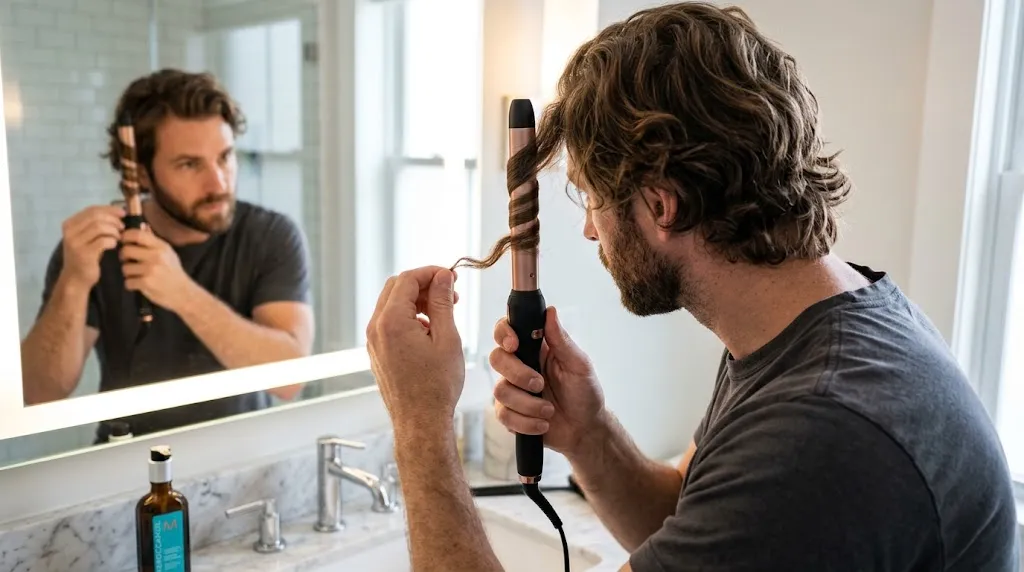 A man using a small-barrel curling wand on medium-length hair to create loose, natural waves.