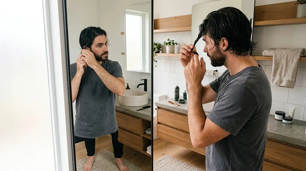 A man twisting small sections of damp hair with his fingers to create heatless natural waves in front of a bathroom mirror