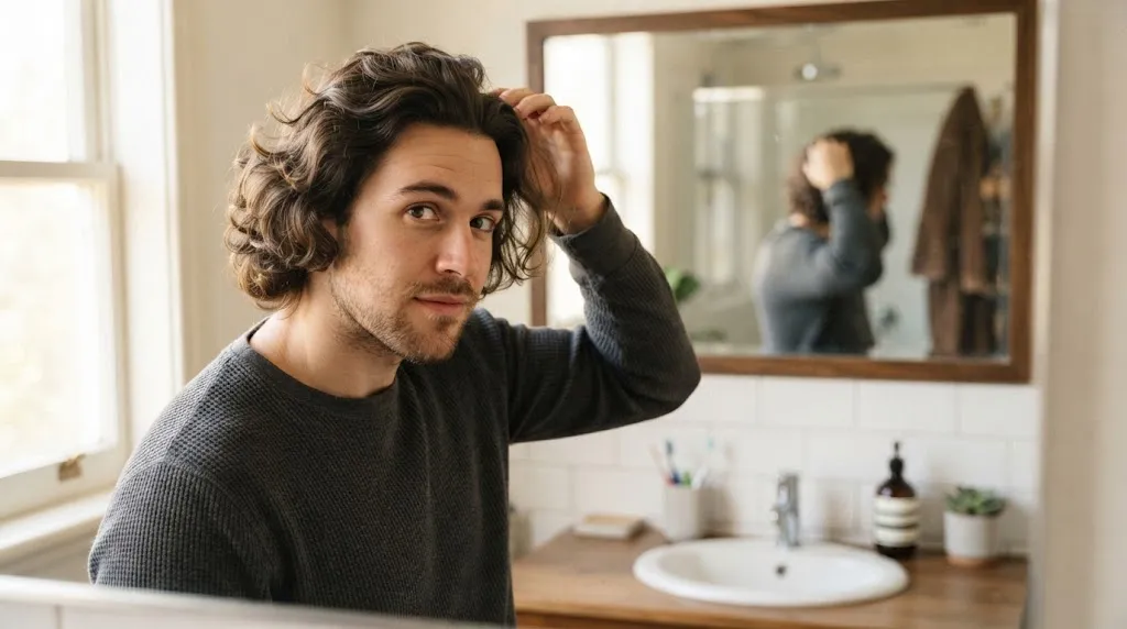 Young man checking his hair in the mirror where one side is wavier than the other