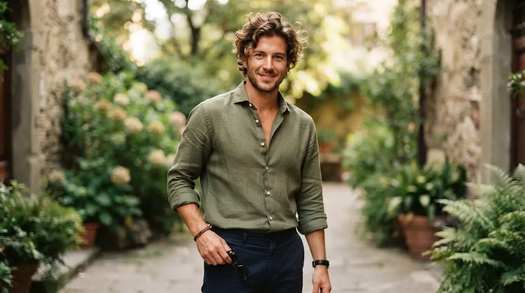 A man with stylish wavy hair maintaining clean definition and anti-frizz protection on a humid day