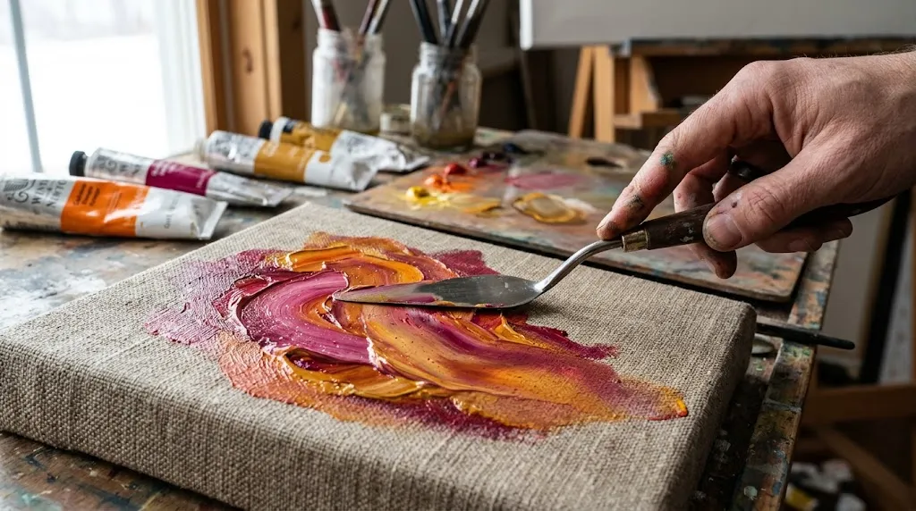 A close-up shot of an artist using a palette knife for seamless color blending technique on oil canvas