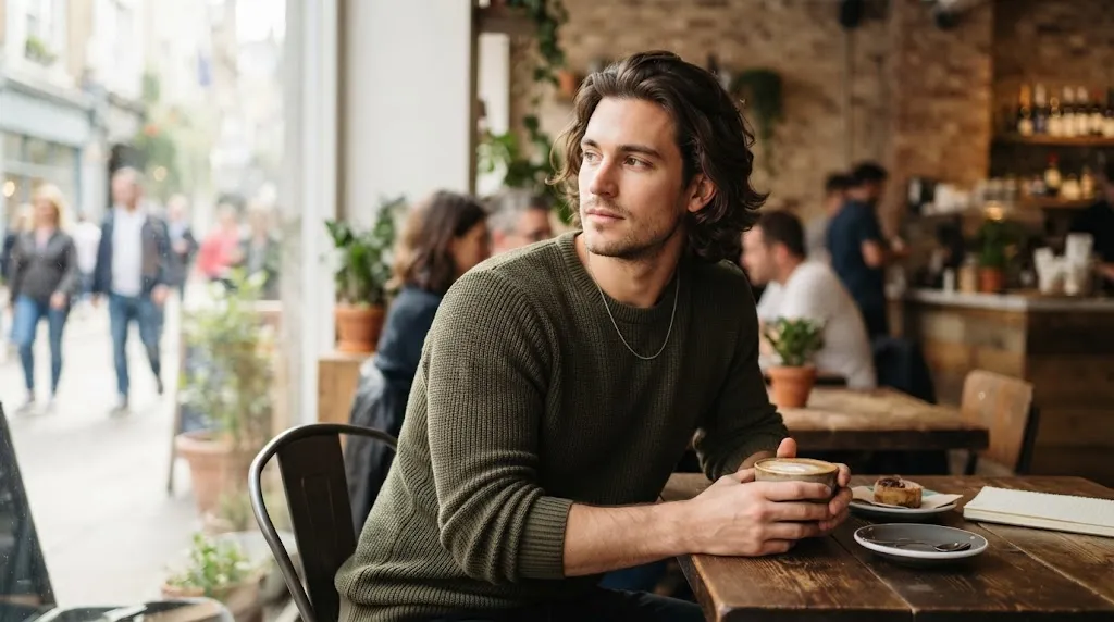 A stylish man with a classic medium length flow haircut sweeping back naturally, captured in a lifestyle setting