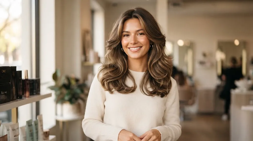 A beautiful woman with a professional medium-length layered haircut featuring bouncy shoulder-grazing waves and dynamic texture.