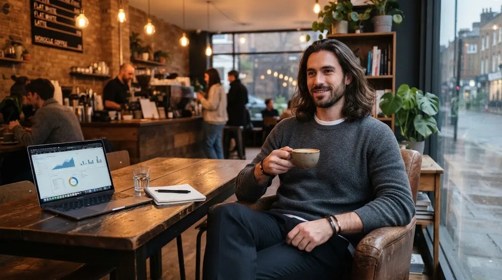 A stylish man with medium-long flowing hair and a short, neatly groomed beard showcasing a modern balanced hairstyle look.