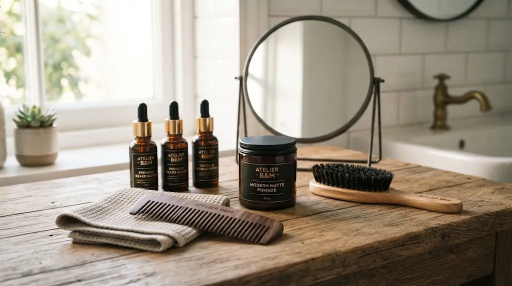 Professional men's grooming and styling products including beard oil, wooden comb, and pomade arranged on a wooden surface for long hair and beard maintenance