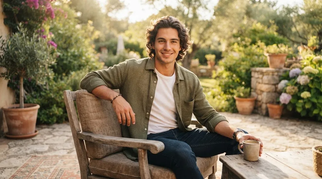 A man with well-styled medium-length wavy hair maintaining volume and texture throughout the afternoon.