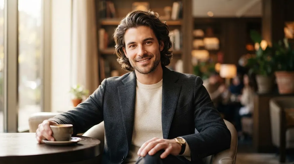 A handsome man with a stylish medium-length classic flow hairstyle featuring natural wavy hair sweeping back away from his face