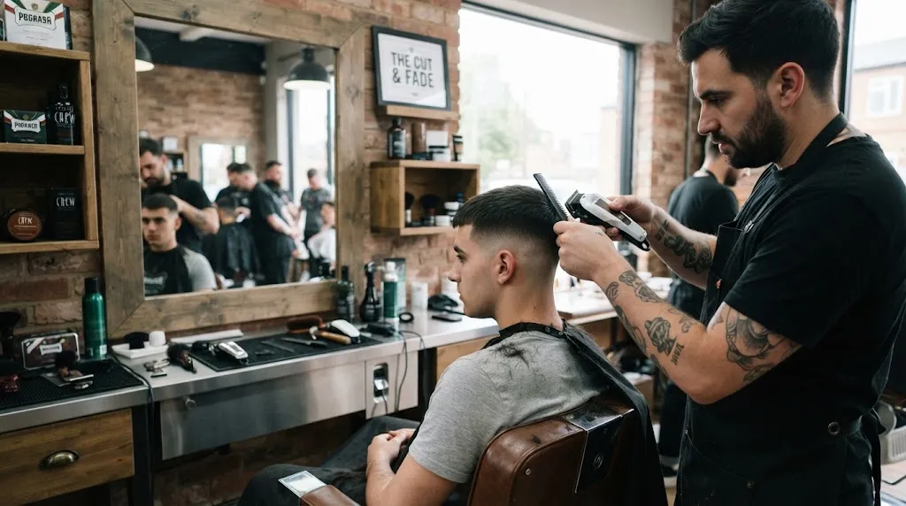 Professional barber styling a clean crew cut haircut for a man in a modern barbershop