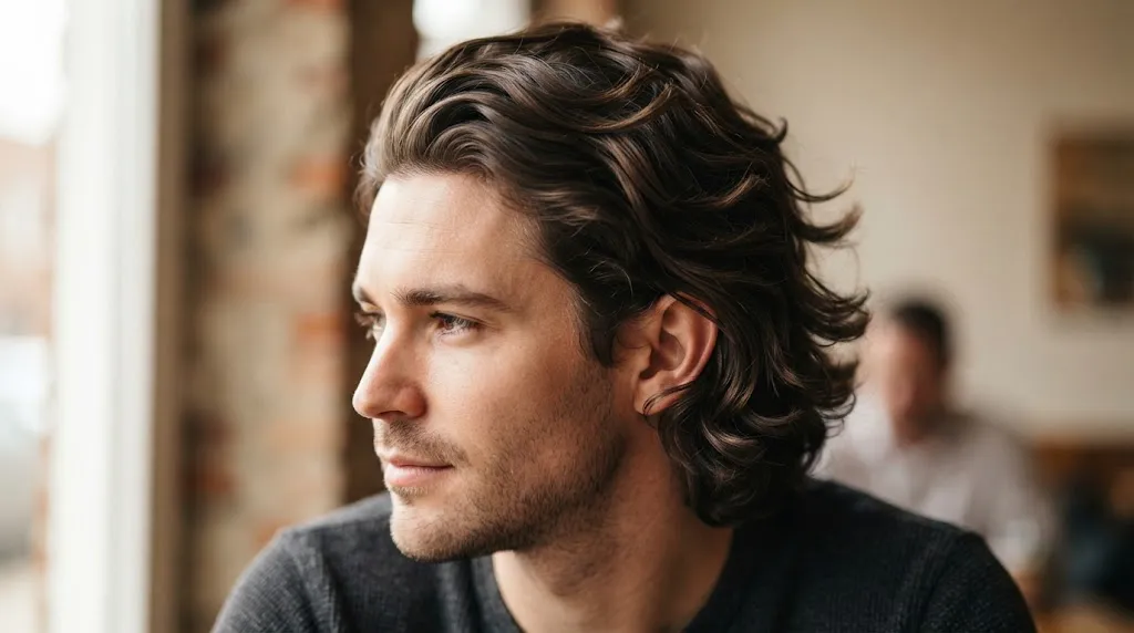 Close-up view of a man with 3 to 4 inch medium-length wavy hair showing the ideal starting length and natural backward sweep for a flow hairstyle.