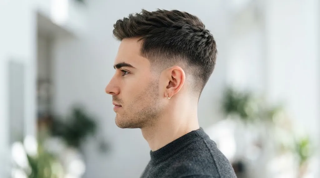 Side profile view of a man checking hair length against the ear, brow, and collar test for a flow hairstyle