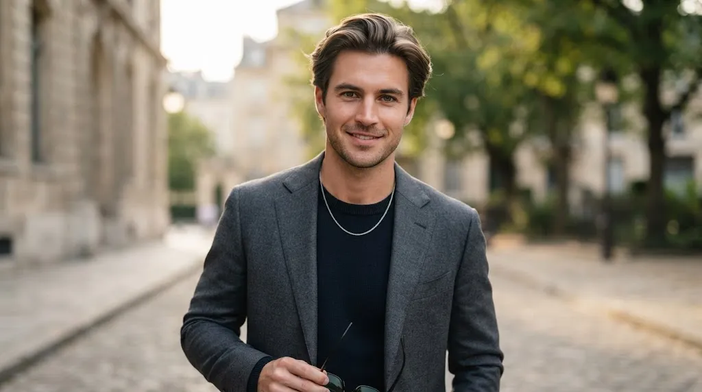 A stylish man with a classic medium-length flow haircut showcasing smooth, seamless blended layers sweeping naturally back from his face
