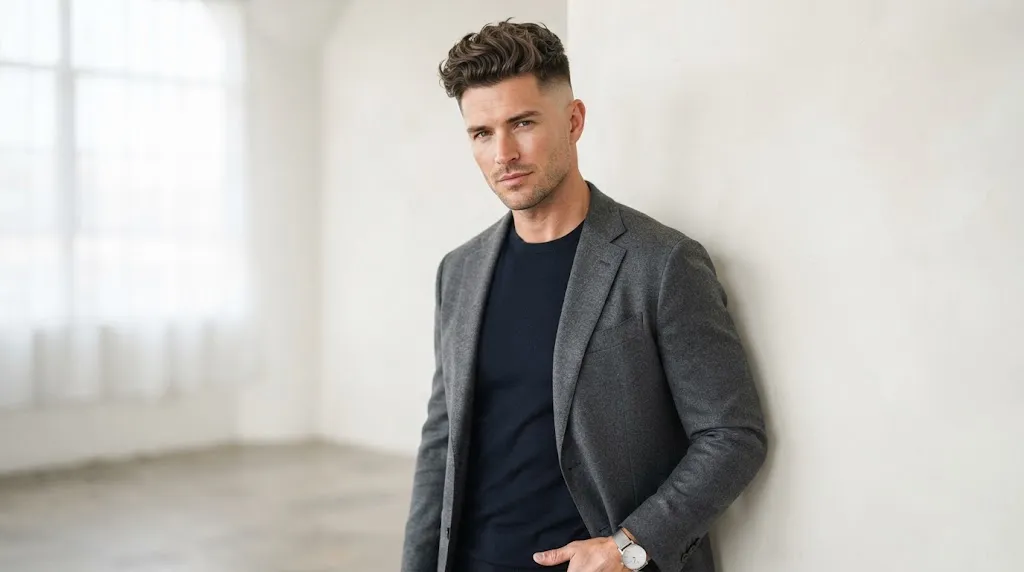 Professional male hair model showcasing a modern textured fade haircut in a minimalist studio setting for commercial grooming campaigns