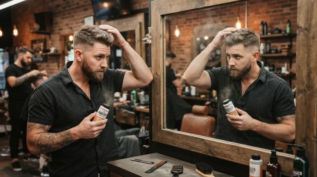 A man styling his hair with matte texture powder in a modern barbershop for a high-volume, natural look