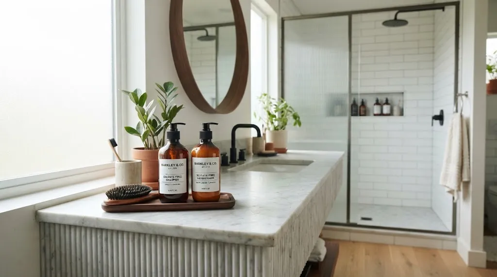 A clean modern bathroom with premium sulfate-free shampoo and conditioner bottles for men wavy hair care routine