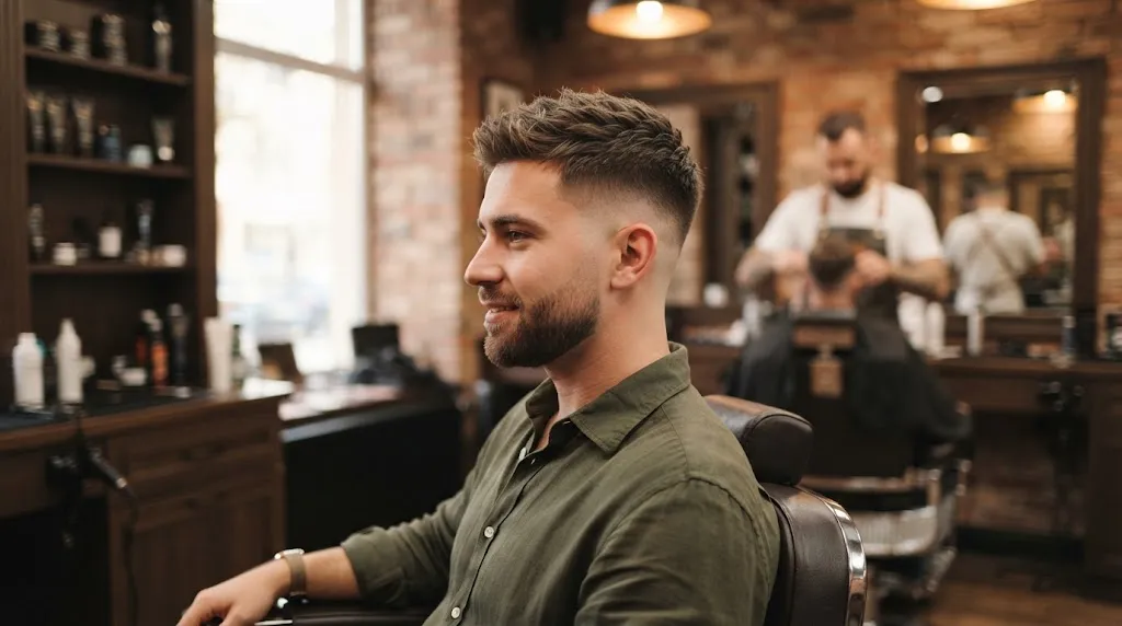 Professional men's haircut showcasing a clean low fade and taper style on the sides with textured volume on top for a round face shape.