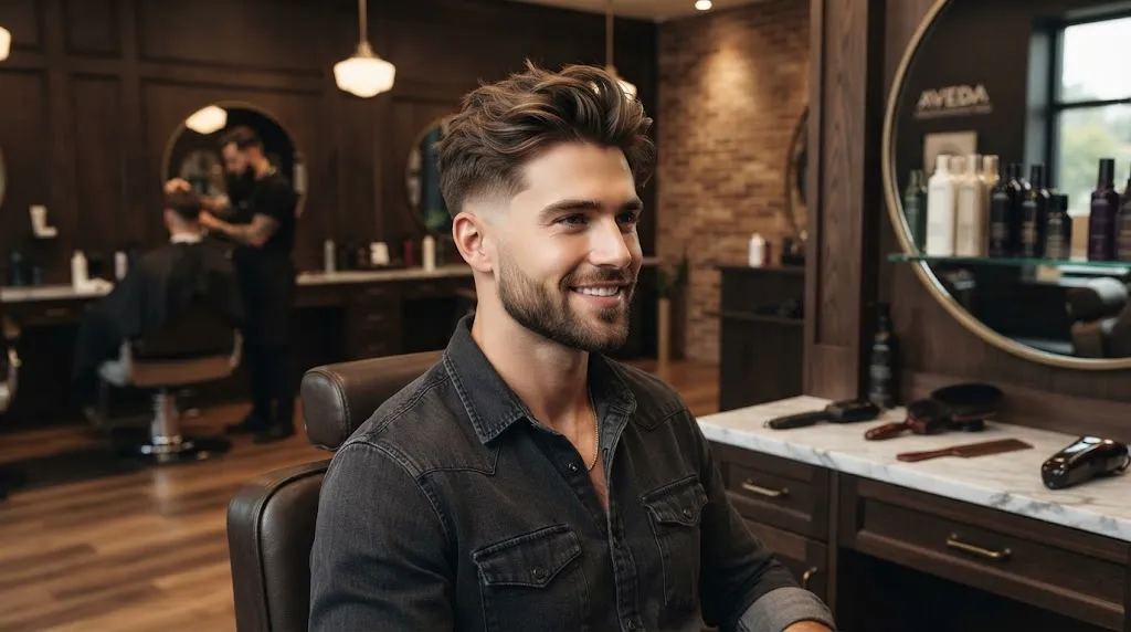 Modern men's haircut trend for 2026 featuring tapered sides and textured styling in a professional salon