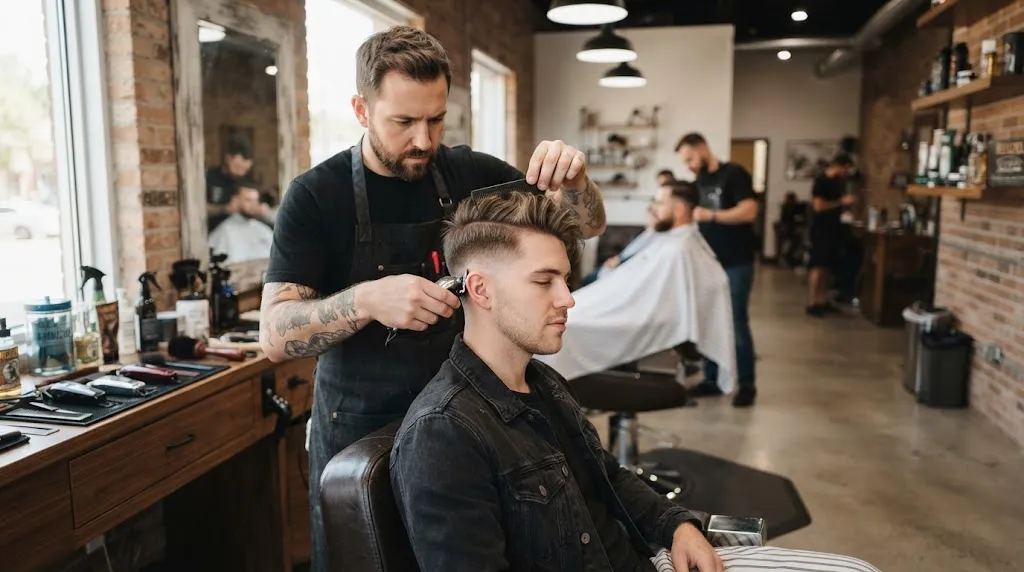 Professional barber doing a precision haircut trim for a man with straight hair in a modern barbershop