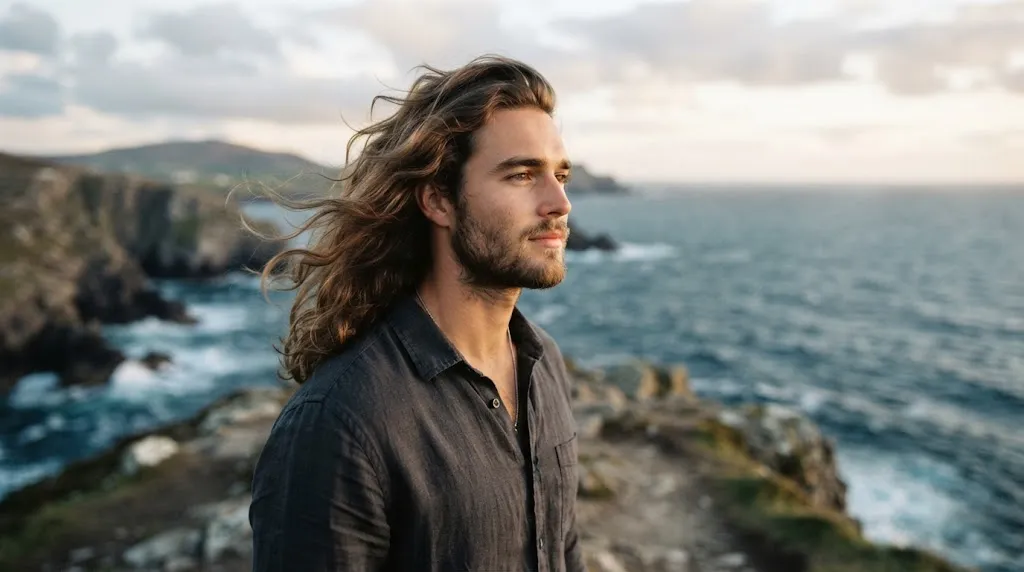 A young man with a stylish long flow haircut featuring natural waves sweeping back away from his face
