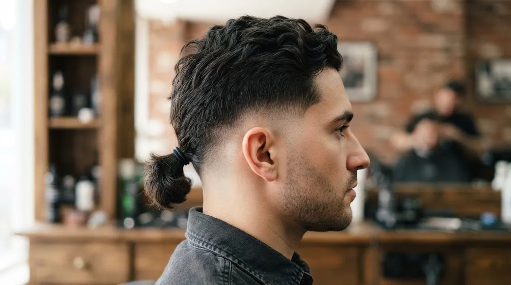Close-up side profile of a man with a clean low fade haircut and a securely tied low tail hairstyle to prevent slipping