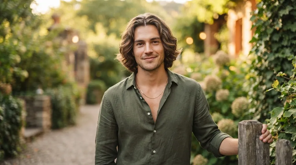 A stylish young man with a classic middle part flow haircut and natural wavy hair framing his face outdoors.