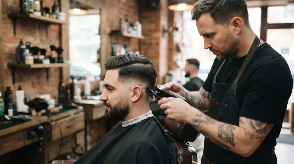 Professional barber checking the side profile and gradual transition of a men's normal slope haircut to ensure a balanced, even shape.