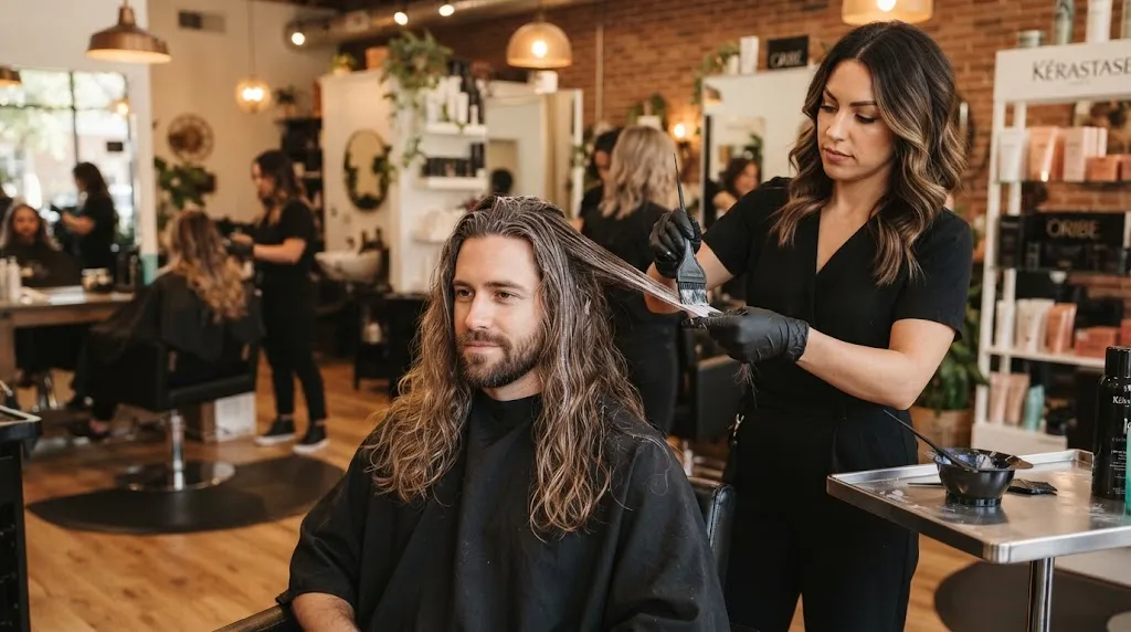 Professional stylist performing a keratin smoothing treatment on a man's wavy hair in a modern salon