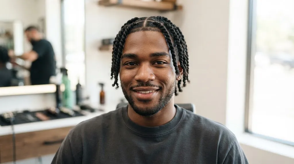 Close-up view comparing small, medium, and chunky two-strand twist hairstyles for Black men with clean parting grids.