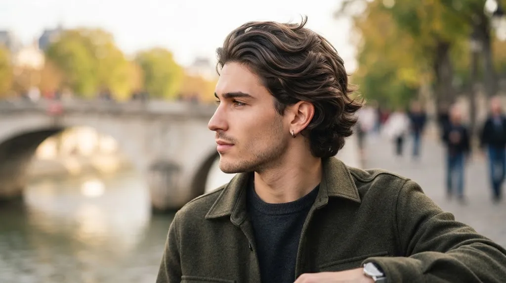 A stylish man with a structured medium-length flow hairstyle sweeping naturally backward, comparing a professional flow cut to unshaped free-flowing hair.