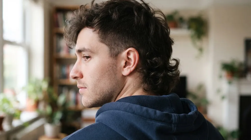A close-up view of a young man experiencing the awkward growing-out phase of a tail hairstyle with hair curling at the nape
