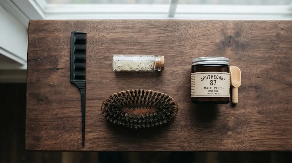Flat lay photo of essential men's hairstyling tools including a matte black tail comb, small clear hair elastics, a boar bristle brush, and a jar of styling pomade on a dark wooden surface.