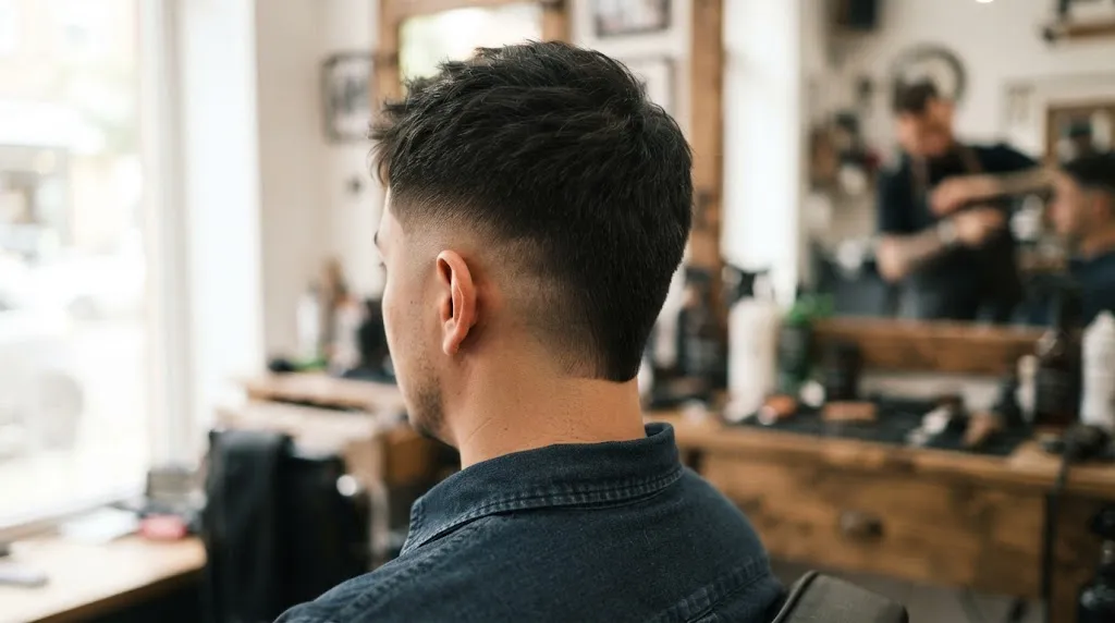 Close-up of a man with a clean low fade and a neat back tail hairstyle at the nape during styling