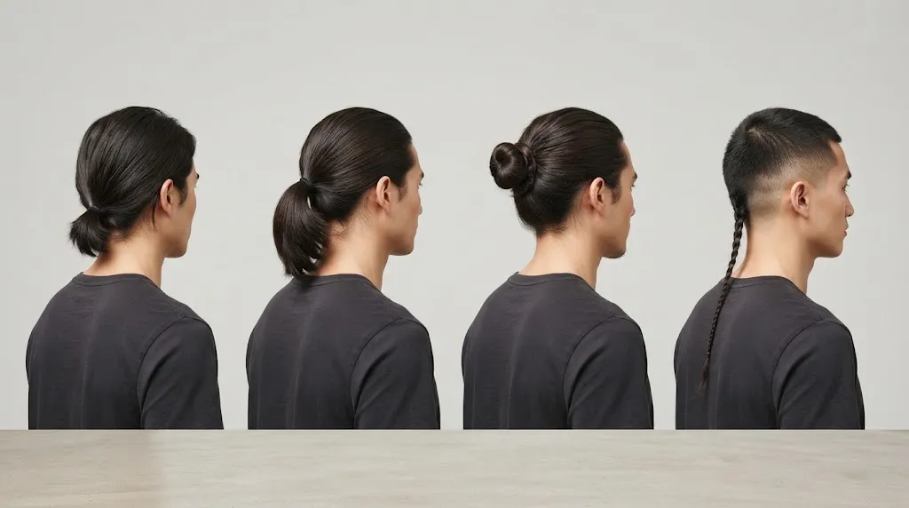 Comparison showing different men's hairstyles including a low tail, ponytail, man bun, and rat tail against a clean studio background