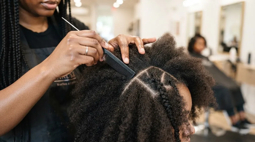Close-up of a stylist using a rattail comb for clean parting in textured hair for men's twists
