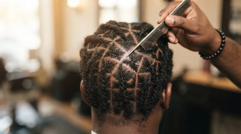 Close-up view of clean geometric box and triangle hair part patterns for men's twist hairstyles created with a rattail comb.