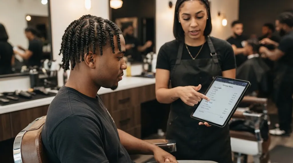 A professional hairstylist discussing pricing and service options on a tablet with a male client who has fresh two-strand twists in a modern salon.