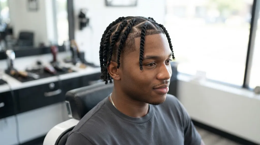 A Black man sitting in a barbershop chair showing fresh two-strand hair twists ready for a retwist maintenance session.