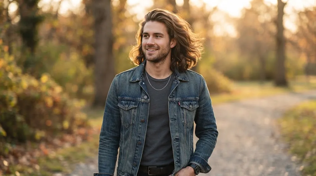 A man with medium-long wavy hair styled in a natural bro flow outdoors in golden hour lighting