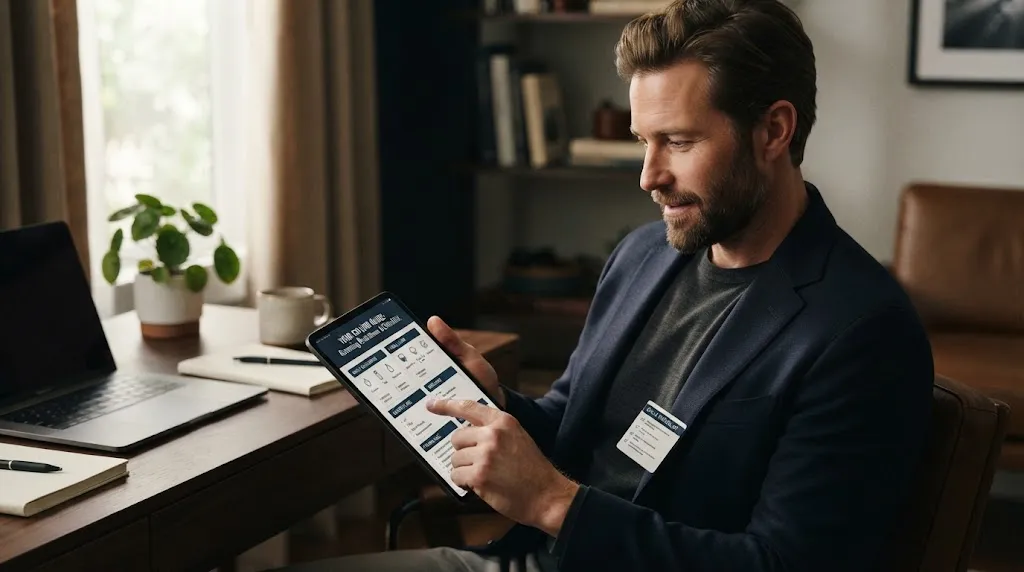 A man reviewing expert wavy hair styling tips and comprehensive grooming insights on a modern device.