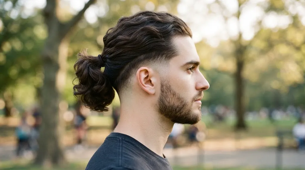 Close-up profile of a man with textured wavy hair styled into a mid-level tail and clean low fade, showing different hair types for men's tail hairstyles.