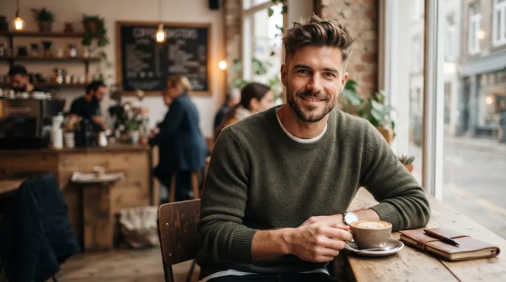 A stylish man with a messy casual haircut and clean normal slope sides in a modern setting