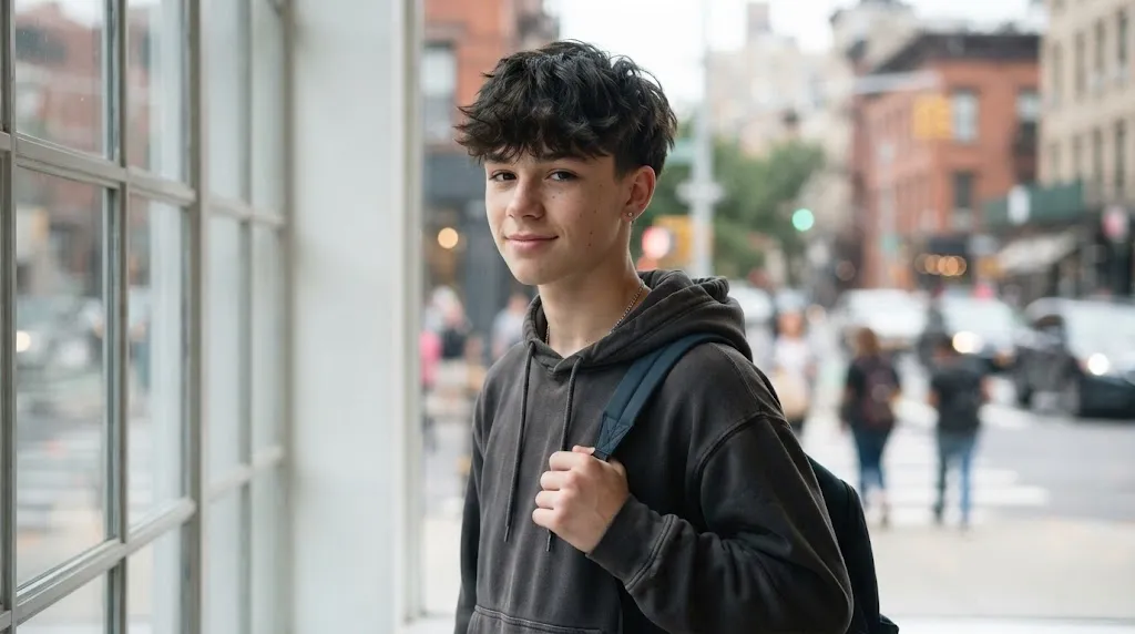 Teen boy showing a stylish messy textured crop haircut with natural window lighting and a modern casual look