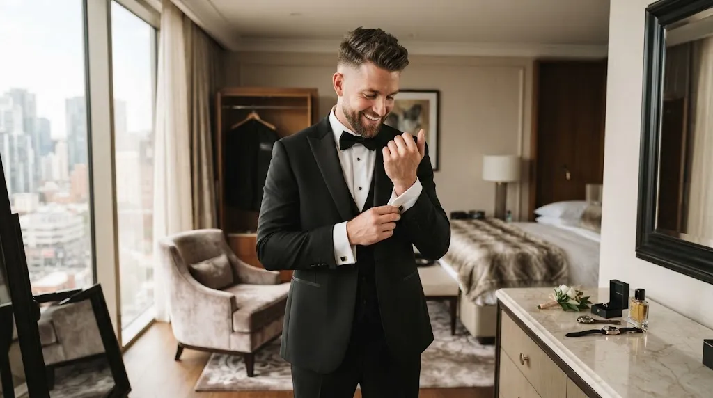 A handsome groom showcasing a stylish mid fade haircut and short beard for a modern wedding look