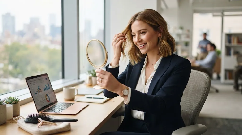 A professional woman doing a quick midday office hair refresh at her desk under natural light