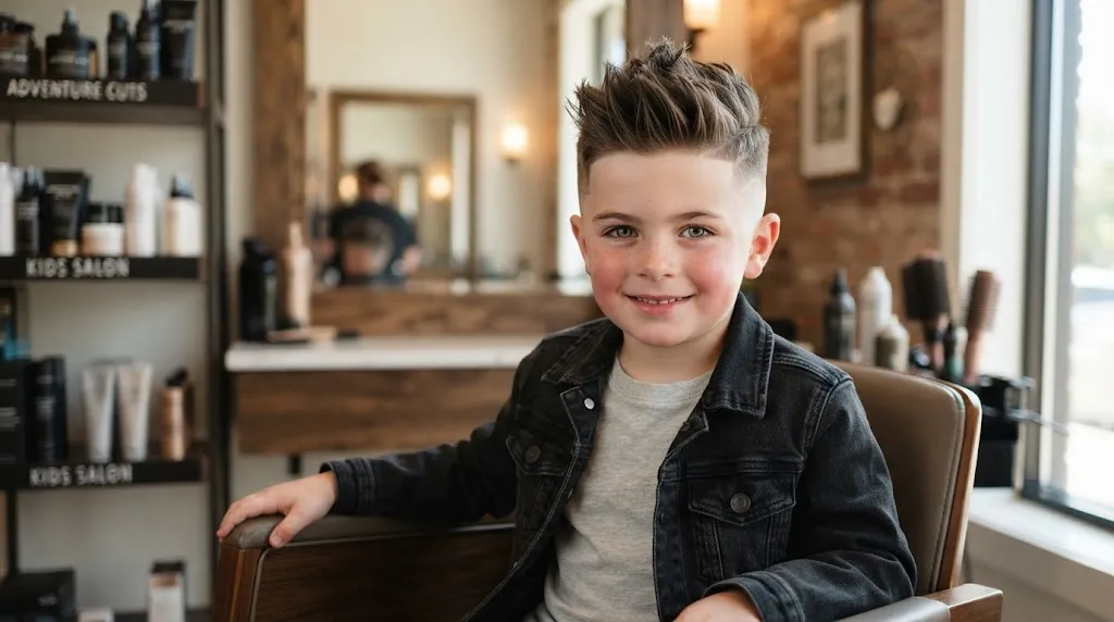 A young boy with a stylish modern faux hawk haircut featuring clean tapered sides and textured volume on top.