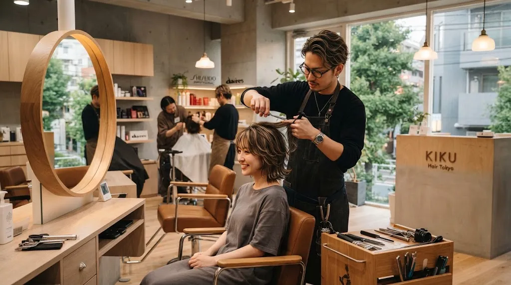 Professional hairstylist in a modern Tokyo salon working on a trendy textured Japanese hairstyle for a male client.