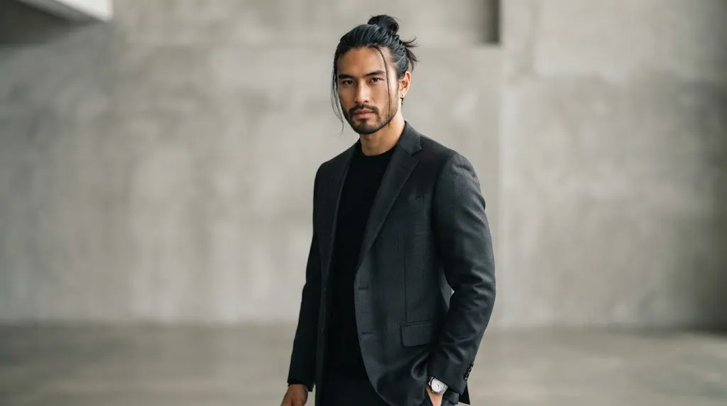 A modern Asian man showcasing a stylish samurai-inspired top knot haircut with clean layers and natural texture.