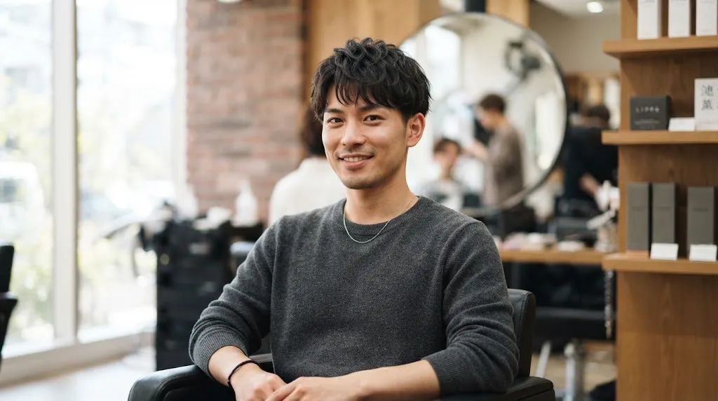A stylish young man showcasing a modern Japanese short fringe hairstyle with textured soft layers across the forehead.