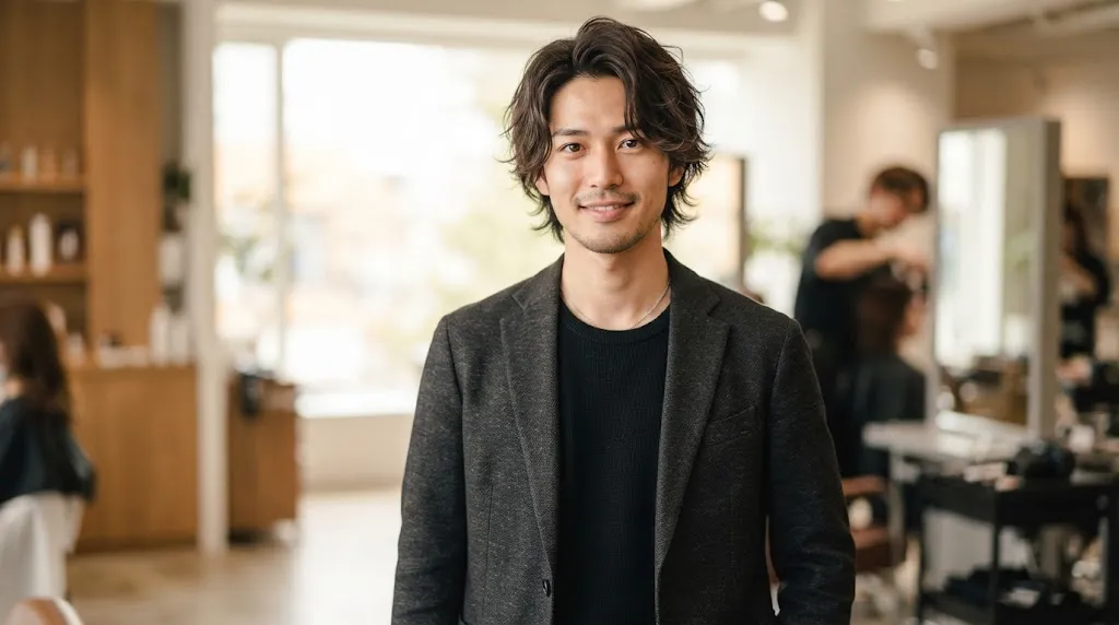A stylish young man with a modern layered Japanese haircut featuring soft texture, natural movement, and lightweight volume.