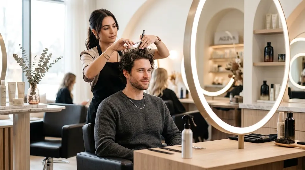 Professional hairstylist styling a man's natural loose wavy hair in a modern upscale salon