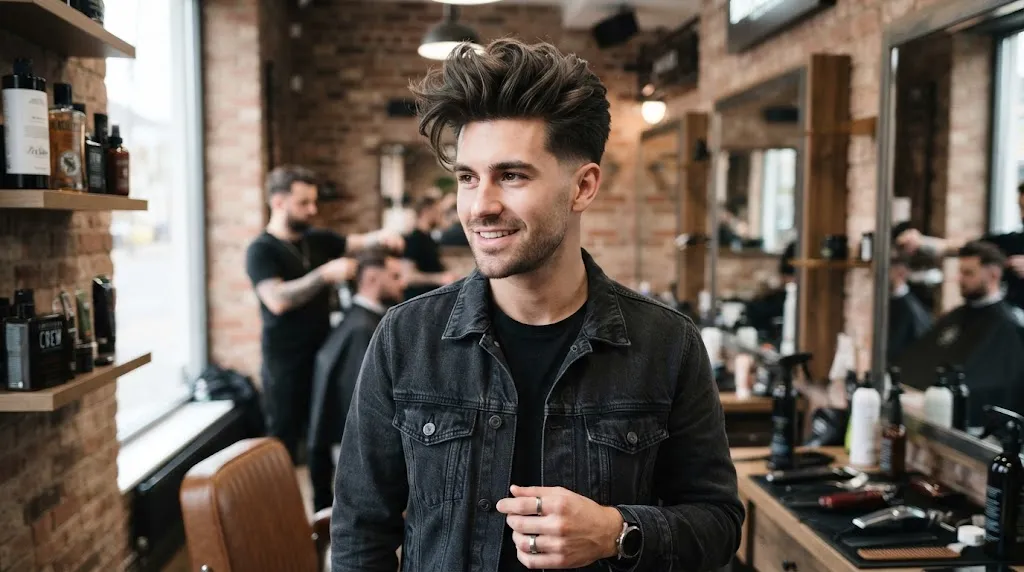 A stylish man with a modern textured quiff haircut, featuring volume and lift at the front with clean sides.